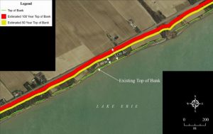 Shown is an estimate of the 50 and 100-year top-of-bank position along Lake Erie without structural intervention. A consultant is currently studying the impact of erosion along the shoreline. 