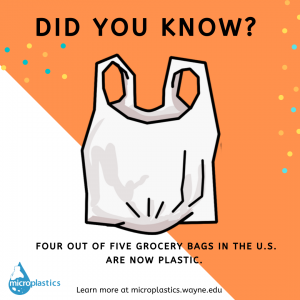 Informational graphic: plastics bags are still widely used and contribute to microplastic pollution in Great Lakes