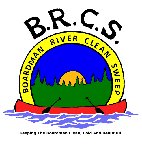 BRCS Logo. A red canoe in water with green trees and the son in the background surrounded by "Boardman River Clean Sweep"