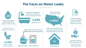 Facts on Water Leaks Infographic shows the amount of water wasted per year by leaks in the United States