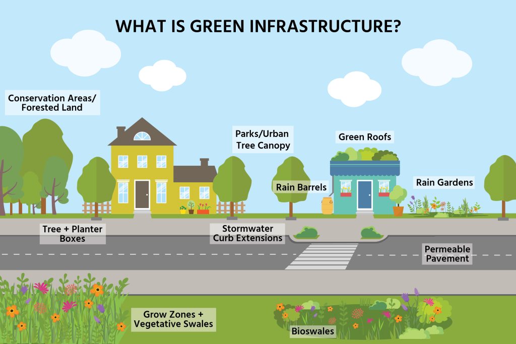 Green infrastructure includes nature-based approaches to stormwater management such as bioswales, green roofs, permeable pavement, and rain gardens.